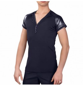 Black latin ballroom dance shirts for men youth pu leather patchwork short sleeves waltz tango ballroom dancing t shirts for male